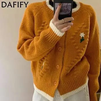 DAFIFY Женская мода повседневная осень-зима цветочный узор с длинным рукавом и круглым вырезом свитера Size: One Size оранжевый