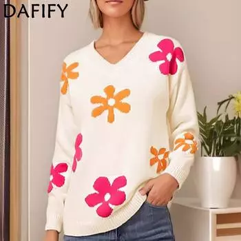 DAFIFY Женская мода повседневная осень-зима цветочный узор с принтом длинный рукав V-образный вырез свитера S абрикосовый