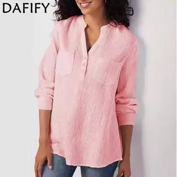 DAFIFY Женская мода повседневная осень-зима однотонные принты длинные рукава V-образный вырез свободные блузки и рубашки S белый