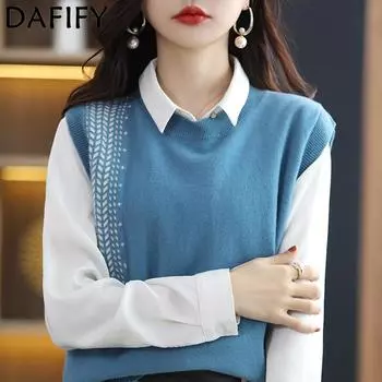 DAFIFY Женская мода повседневная осень-зима однотонные принтованные безрукавки с круглым вырезом Size: One Size