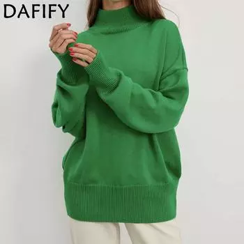 DAFIFY Женская мода повседневная осень-зима однотонный принт длинный рукав высокий ворот свитера S зелёный