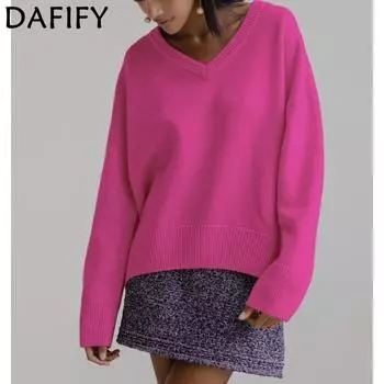 DAFIFY Женская мода повседневная осень-зима однотонный принт длинный рукав V-образный вырез свитера S розы красного