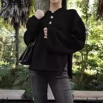 DAFIFY Женская мода повседневная осень-зима однотонный принт длинный рукав О-образный вырез свитера S чёрный