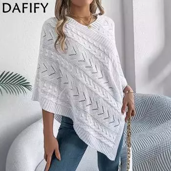 DAFIFY Женская мода повседневная осень-зима однотонный принт длинный рукав V-образный вырез свитера S белый