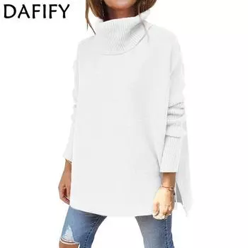DAFIFY Женская мода повседневная осень-зима однотонный принт длинный рукав высокий ворот свитера S белый