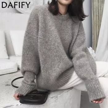 DAFIFY Женская мода повседневная осень-зима однотонный принт длинный рукав О-образный вырез свитера One size серый