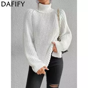 DAFIFY Женская мода повседневная осень-зима однотонный принт длинный рукав высокий ворот свитера S белый