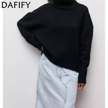 DAFIFY Женская мода повседневная осень-зима однотонный принт длинный рукав высокий ворот свитера S чёрный