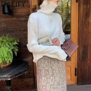 DAFIFY Женская мода повседневная осень-зима однотонный принт длинный рукав высокий ворот свитера One Size белый