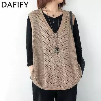 DAFIFY Женская мода повседневная осень-зима однотонный принт без рукавов V-образный вырез свитера Size: One Size хаки