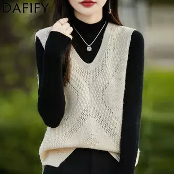 DAFIFY Женская мода повседневная осень-зима однотонный принт без рукавов V-образный вырез свитера M (95-57.5 kg) бежевый