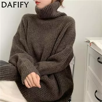 DAFIFY Женская мода повседневная осень-зима однотонный принт длинный рукав высокий ворот свитера Size: One Size серый
