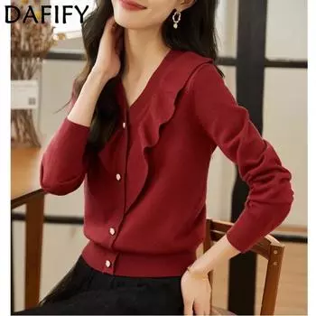 DAFIFY Женская мода повседневная осень-зима однотонный принт длинный рукав V-образный вырез свитера Size: One Size чёрный