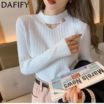 DAFIFY Женская мода повседневная осень-зима однотонный принт длинный рукав полуводолазка свитера Size: One Size белый
