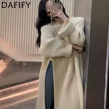 DAFIFY Женская мода повседневная осень-зима однотонный принт длинный рукав О-образный вырез свитера One size