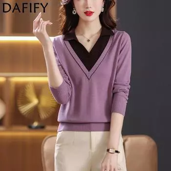 DAFIFY Женская мода повседневная осень-зима однотонный принт длинный рукав V-образный вырез свитера One Size красный