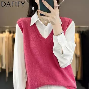 DAFIFY Женская мода повседневная осень-зима однотонный принт без рукавов V-образный вырез свитера S