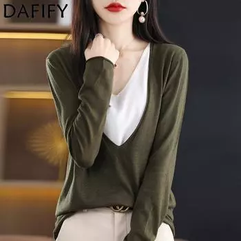 DAFIFY Женская мода повседневная осень-зима однотонный принт длинный рукав V-образный вырез свитера Size: One Size армия зеленый