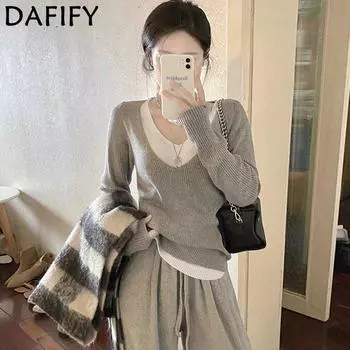 DAFIFY Женская мода повседневная осень-зима однотонный принт длинный рукав V-образный вырез свитера Size: One Size серый
