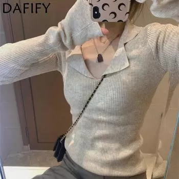 DAFIFY Женская мода повседневная осень-зима однотонный принт длинный рукав V-образный вырез свитера One Size