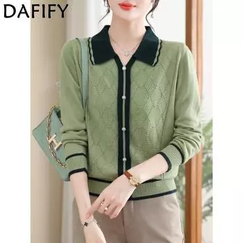 DAFIFY Женская мода повседневная осень-зима однотонный принт длинный рукав поло воротник свитера One Size зелёный