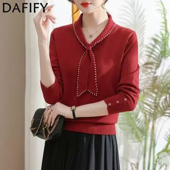 DAFIFY Женская мода повседневная осень-зима однотонный принт длинный рукав поло воротник свитера One size красный