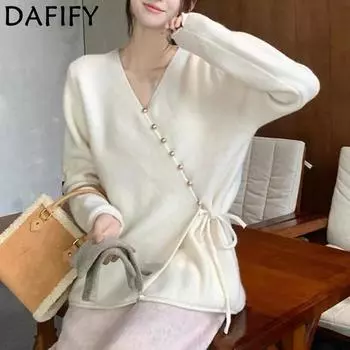 DAFIFY Женская мода повседневная осень-зима однотонный принт длинный рукав V-образный вырез свитера One Size бордовый