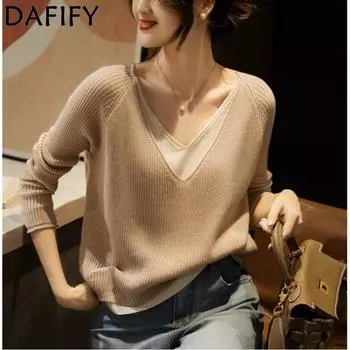 DAFIFY Женская мода повседневная осень-зима однотонный принт длинный рукав V-образный вырез свитера One Size
