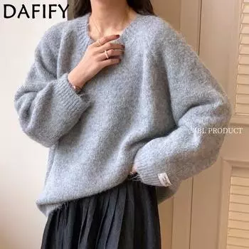 DAFIFY Женская мода повседневная осень-зима однотонный принт длинный рукав О-образный вырез свитера One size серый