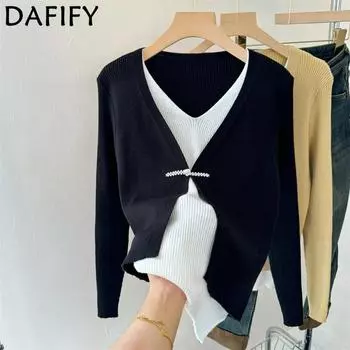 DAFIFY Женская мода повседневная осень-зима однотонный принт длинный рукав V-образный вырез свитера Size: One Size чёрный