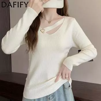 DAFIFY Женская мода повседневная осень-зима однотонный принт длинный рукав V-образный вырез свитера Size: One Size белый
