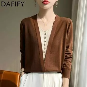 DAFIFY Женская мода повседневная осень-зима однотонный принт длинный рукав V-образный вырез свитера Size: One Size темно-коричневого