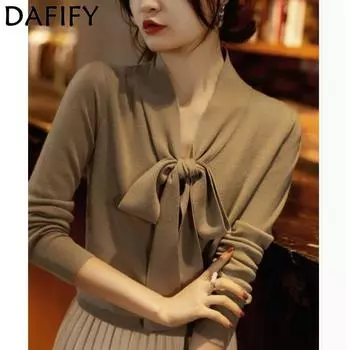 DAFIFY Женская мода повседневная осень-зима однотонный принт длинный рукав V-образный вырез свитера Size: One Size чёрный