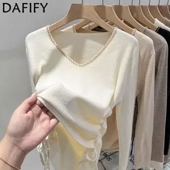 DAFIFY Женская мода повседневная осень-зима однотонный принт длинный рукав V-образный вырез свитера One Size бежевый