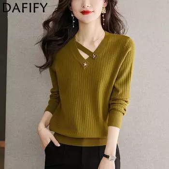 DAFIFY Женская мода повседневная осень-зима однотонный принт длинный рукав V-образный вырез свитера One Size чёрный