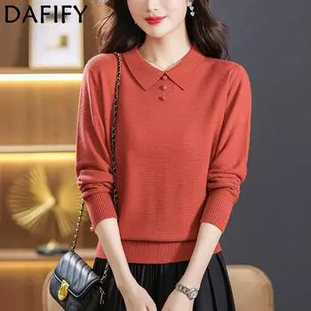 DAFIFY Женская мода повседневная осень-зима однотонный принт длинный рукав поло воротник свитера One size