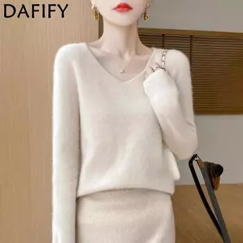 DAFIFY Женская мода повседневная осень-зима однотонный принт длинный рукав V-образный вырез свитера M белый