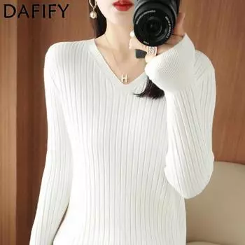 DAFIFY Женская мода повседневная осень-зима однотонный принт длинный рукав V-образный вырез свитера M белый