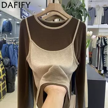 DAFIFY Женская мода повседневная осень-зима однотонный принт длинный рукав О-образный вырез свитера Size: One Size абрикосовый