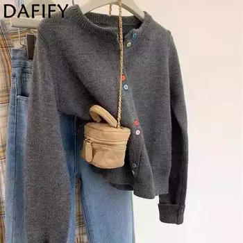 DAFIFY Женская мода повседневная осень-зима однотонный принт длинный рукав О-образный вырез свитера Size: One Size серый