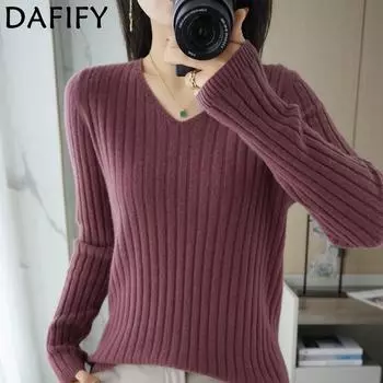 DAFIFY Женская мода повседневная осень-зима однотонный принт длинный рукав V-образный вырез свитера One size чёрный