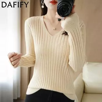 DAFIFY Женская мода повседневная осень-зима однотонный принт длинный рукав V-образный вырез свитера S бежевый