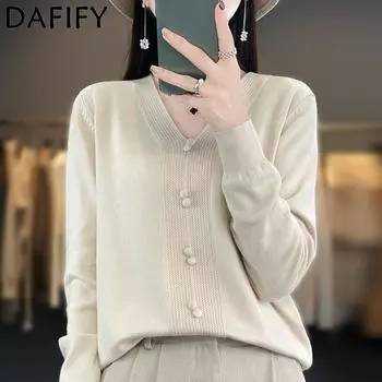 DAFIFY Женская мода повседневная осень-зима однотонный принт длинный рукав V-образный вырез свитера S бежевый