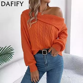 DAFIFY Женская мода повседневная осень-зима однотонный принт длинный рукав косой воротник свитера S оранжевый