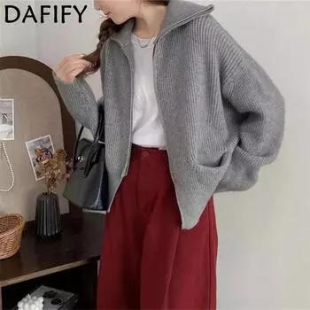 DAFIFY Женская мода повседневная осень-зима однотонный принт длинный рукав поло воротник свитера One size серый