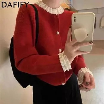 DAFIFY Женская мода повседневная осень-зима однотонный принт длинный рукав О-образный вырез свитера Size: One Size белый