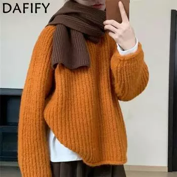 DAFIFY Женская мода повседневная осень-зима однотонный принт длинный рукав О-образный вырез свитера One size оранжевый