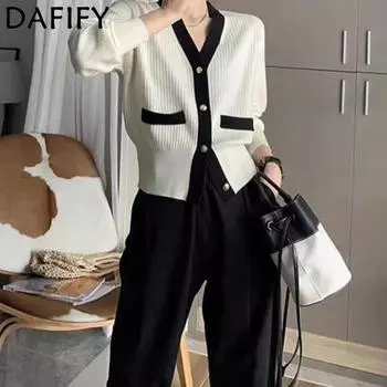 DAFIFY Женская мода повседневная осень-зима однотонный принт длинный рукав V-образный вырез свитера Size: One Size белый