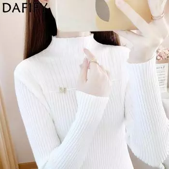 DAFIFY Женская мода повседневная осень-зима однотонный принт длинный рукав полуводолазка свитера Size: One Size чёрный