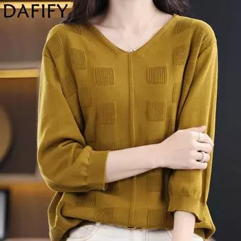 DAFIFY Женская мода повседневная осень-зима однотонный принт длинный рукав V-образный вырез свитера Size: One Size жёлтый